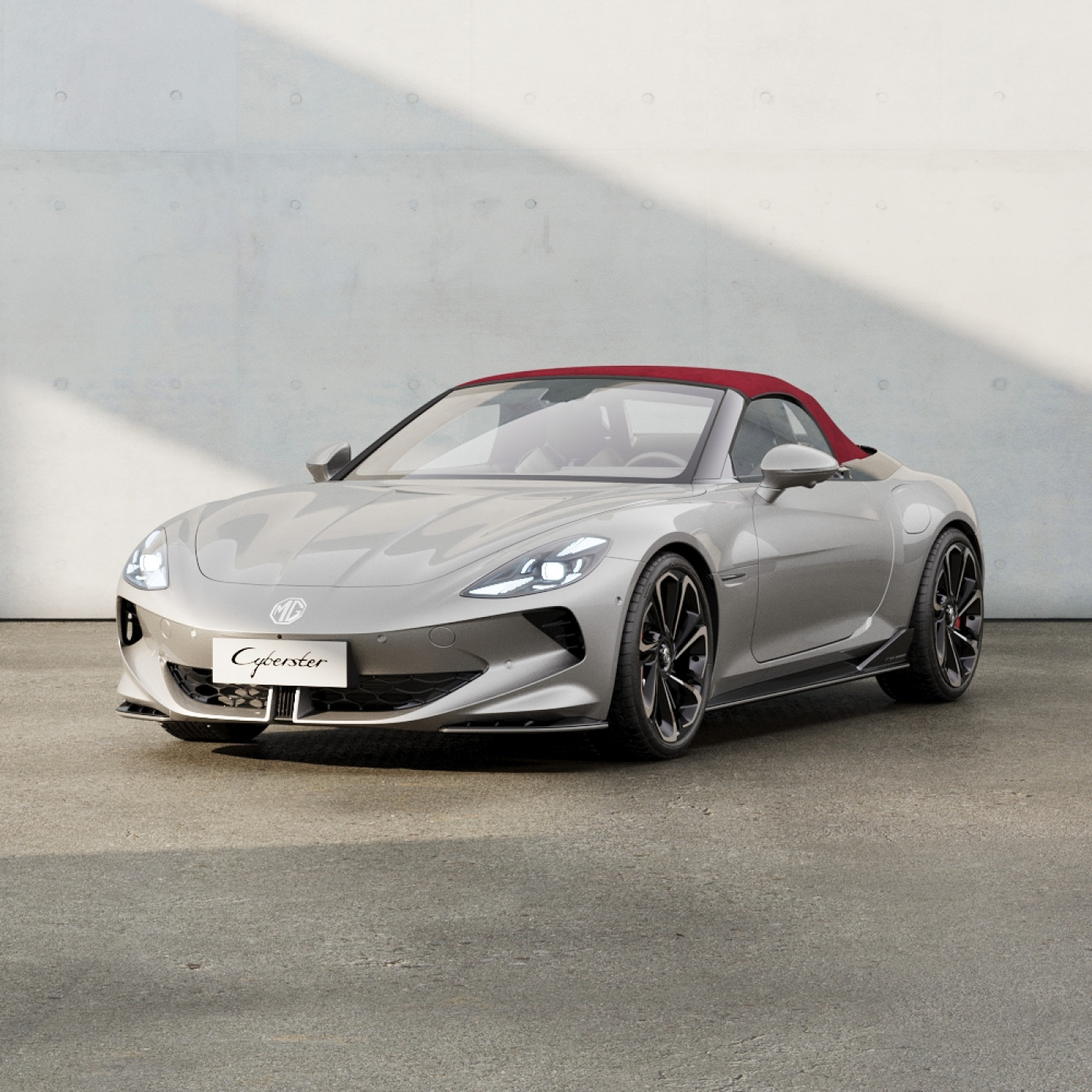 customCyberster engine dual bodyColour silver roofColour red interiorColour grey roofPosition up doorPosition closed scenario concrete lighting day angle exteriorQuarterLeftFront 1