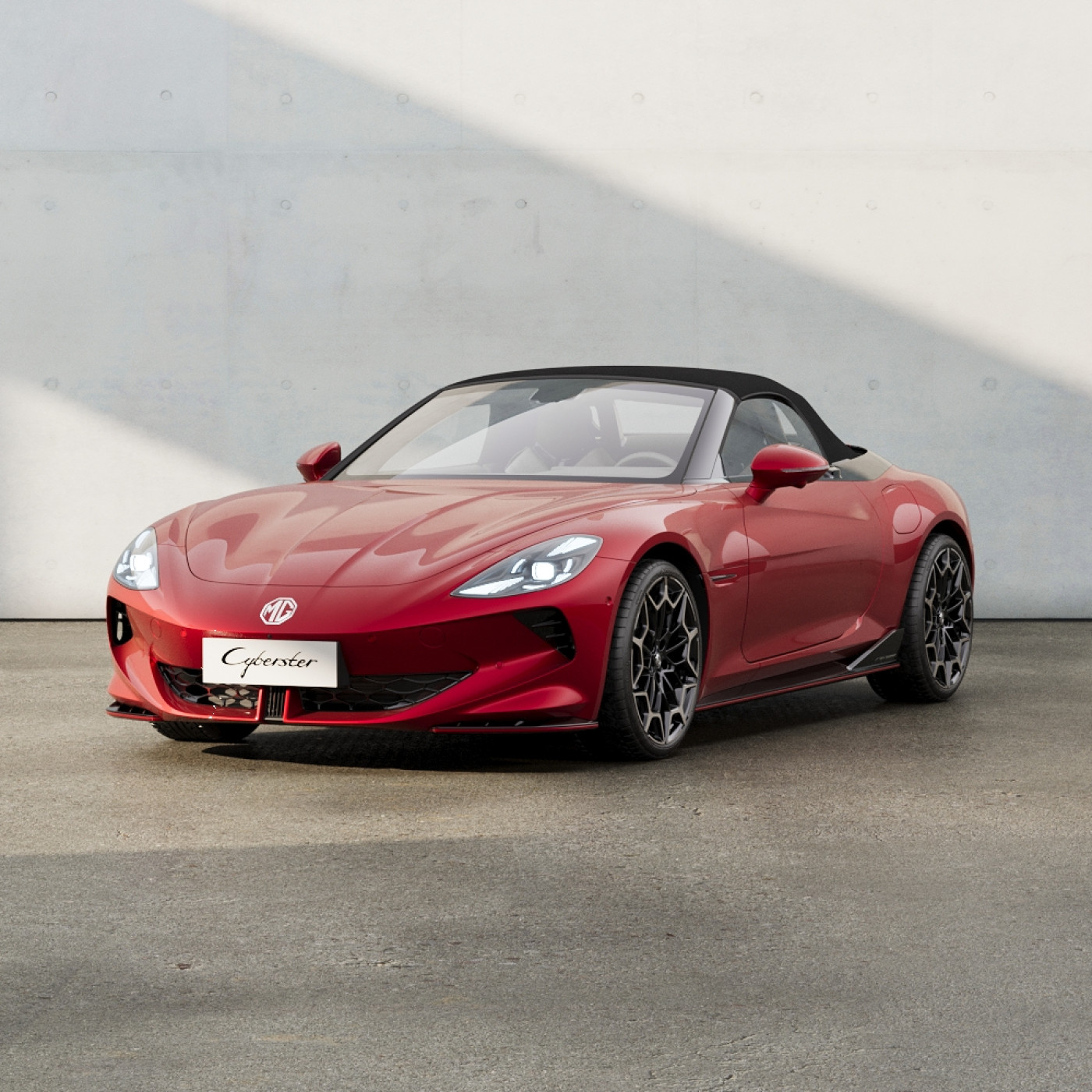 customCyberster engine single bodyColour red roofColour black interiorColour grey roofPosition up doorPosition closed scenario concrete lighting day angle exteriorQuarterLeftFront 4 1