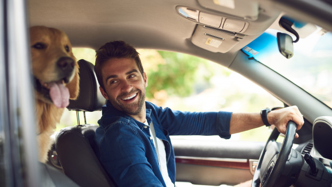 Man and dog in car 